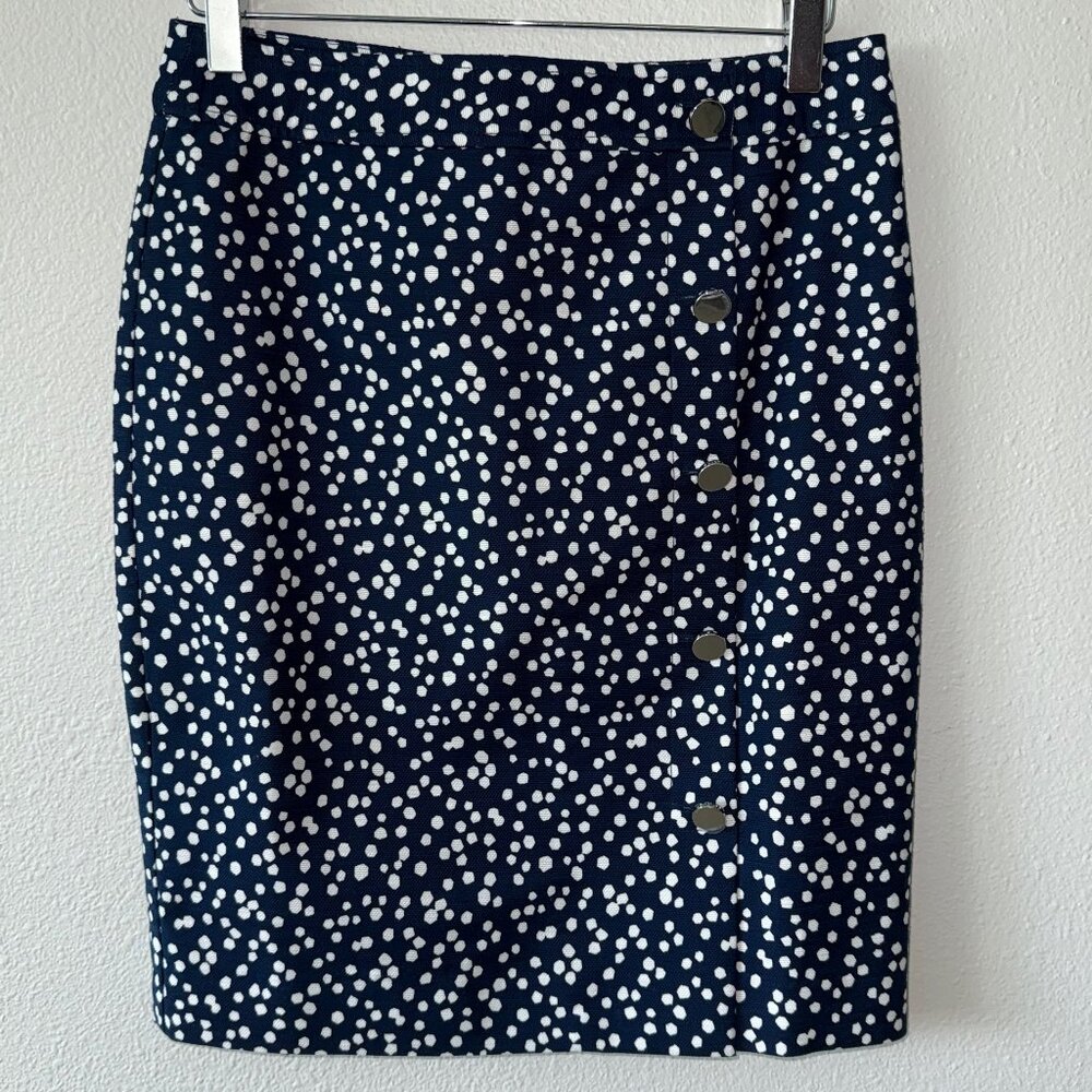 NWT Talbots Blue White Polka Dots Faux Wrap Skirt Silver Buttons Size 2P